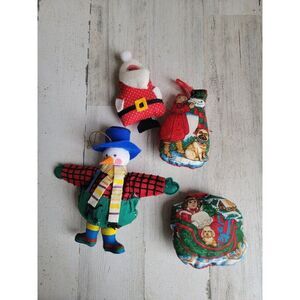 Plush Victorian child sled snowman ornament Xmas Santa set